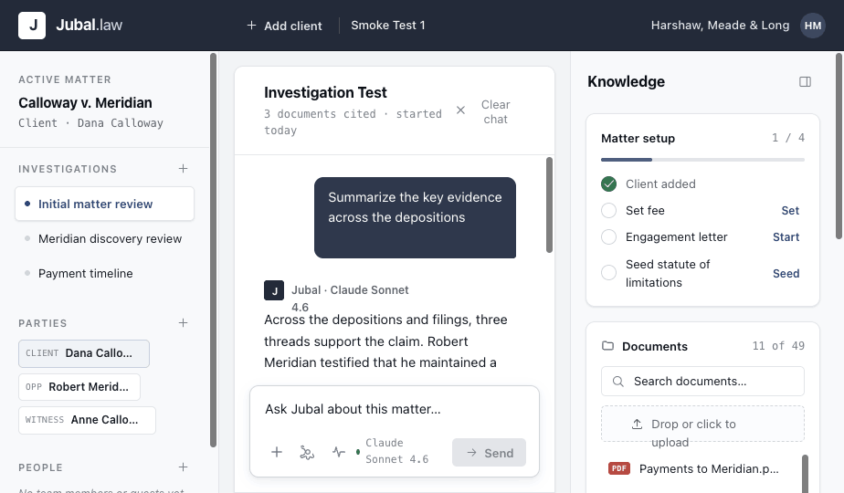 Jubal workspace — a matter open with a cited answer streaming